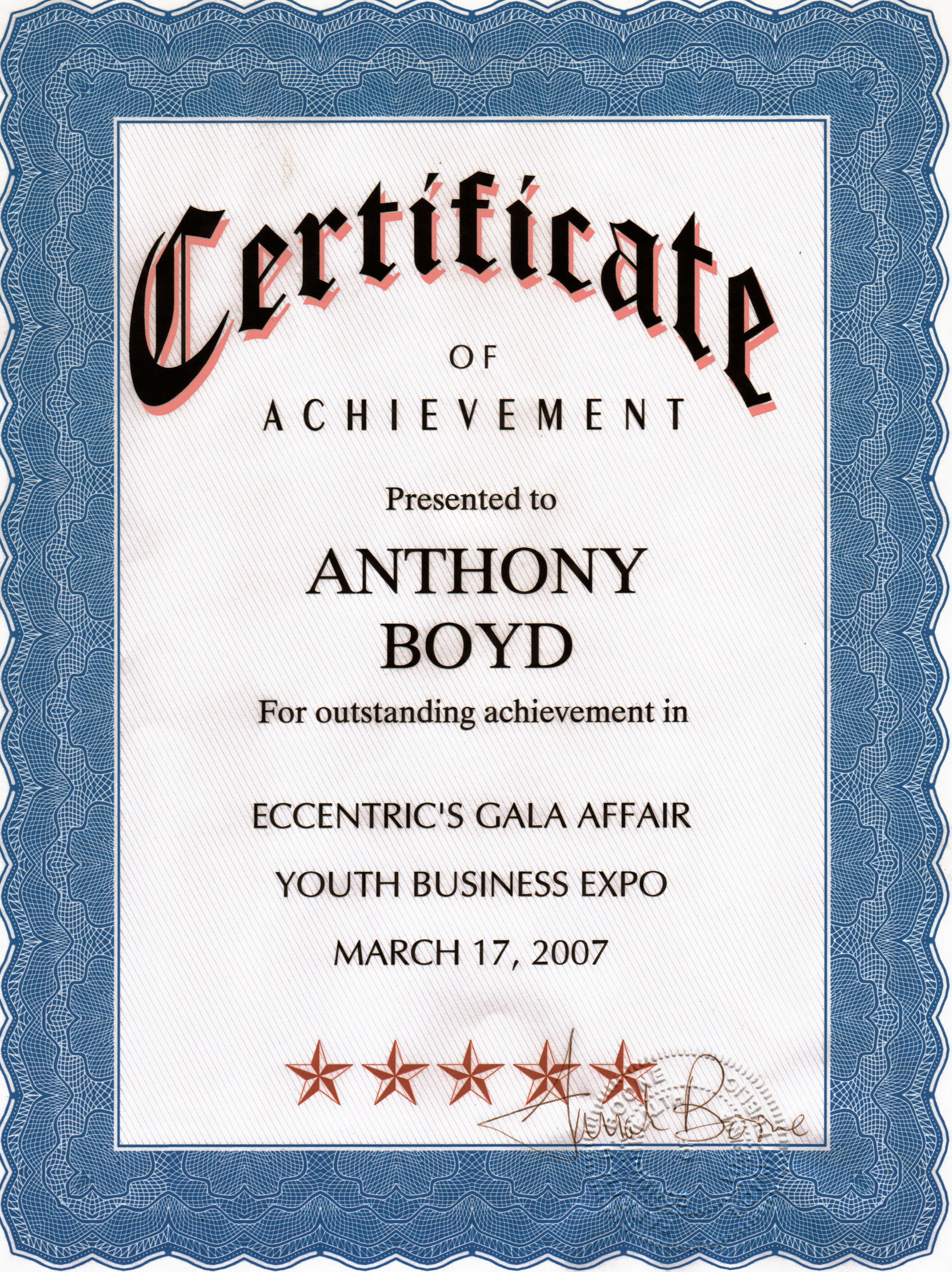 Youth Business Expo certificate presented to Anthony Boyd